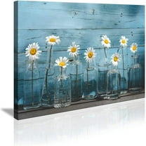 1 Panel Vintage Flower Canvas Wall Art for Home Office Bathroom Decoration Modern Floral Canvas Artwork Daisy Flower Vase Picture Giclee Print on Canvas Blue Wooden Board Art Ready to Hang