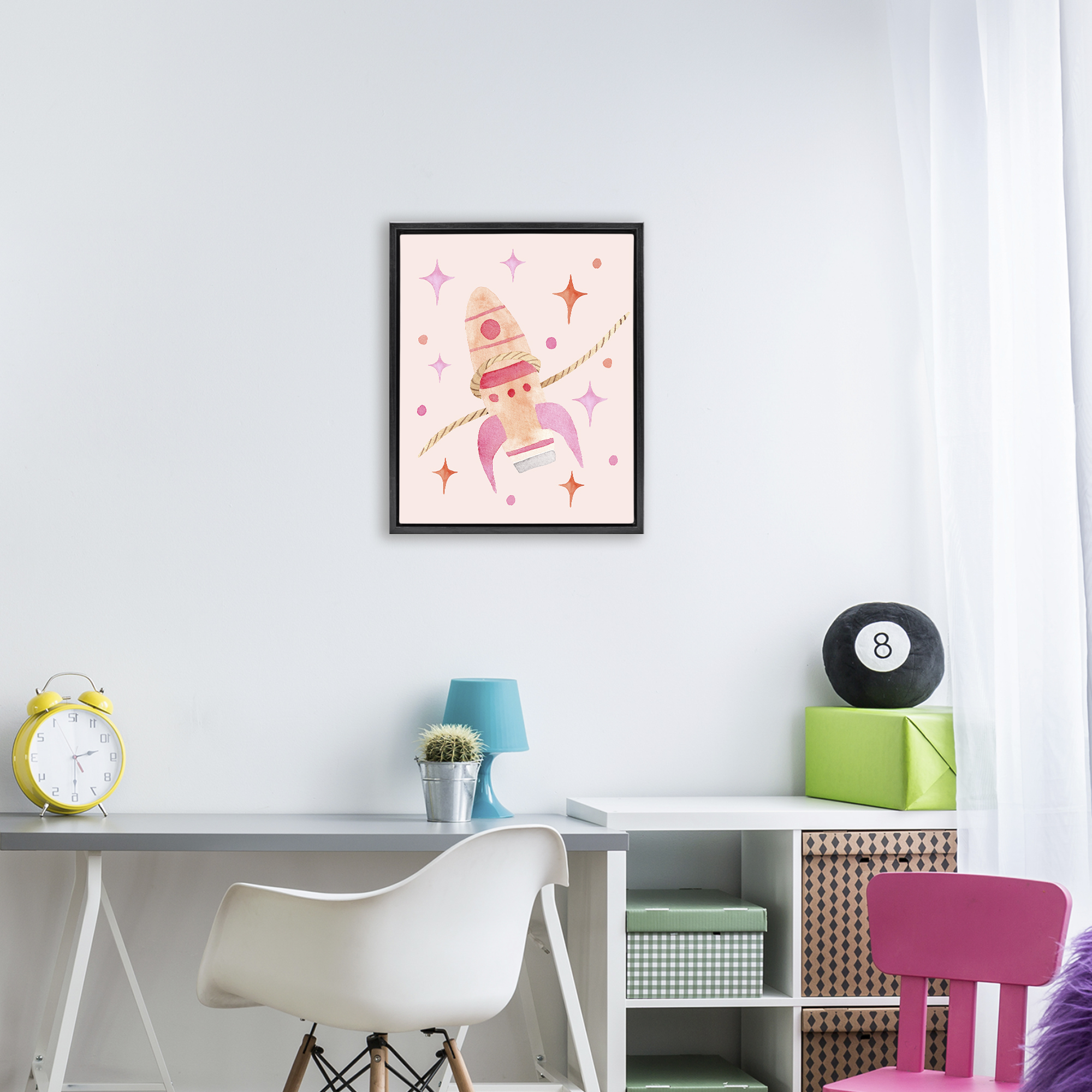 Lasso Rocket Ship Black Framed Floater Canvas Wall Art, design by Nina Jacobs