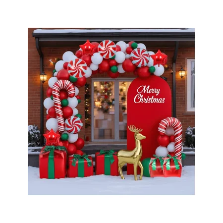 106PCS Christmas Balloon Garland Arch Kit White Green And Red Balloons With Candy Cane Gift Box And Candy Foil Balloons For Christmas Party Decoration Supplies.