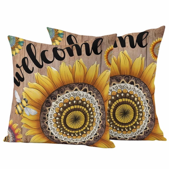 Outdoor Pillow Covers 24 x 24 Inches, Welcome Waterproof Throw Pillow Cover Set of 2, Summer Sunflowers Bohemia Floral Rustic Brown Wood Decorative Square Cushion Covers for Patio/Tent/Couch/Garden