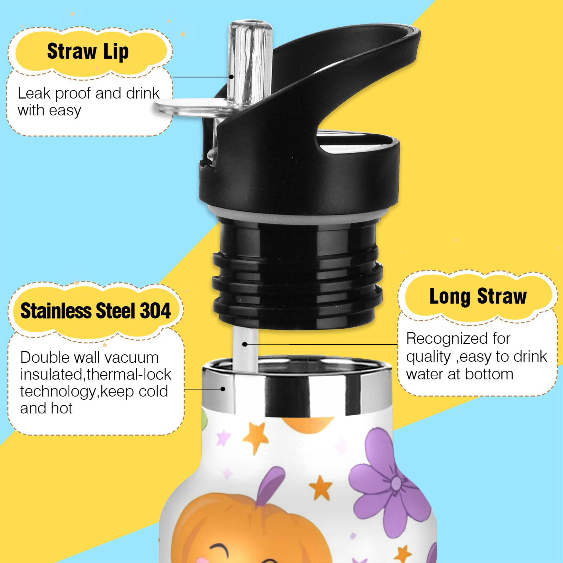 Kids Insulated Stainless Steel Sports Water Bottle 600ml (20oz) Smiling Pumpkins and Flowers