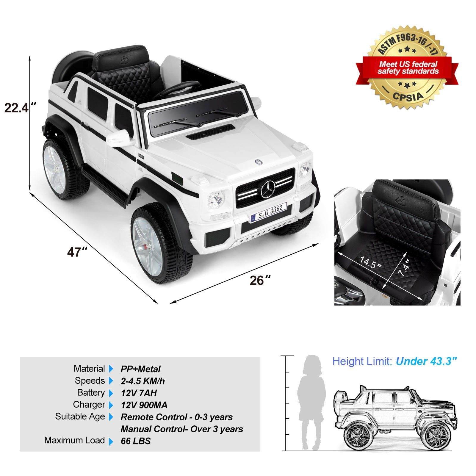 JOYLDIAS 12V Powered Electric Ride on Car Licensed Mercedes-Benz G650S for Kids with Remote Control, 2 Motors, 3 Speeds, Lock, Music, Horn, LED Light (white)