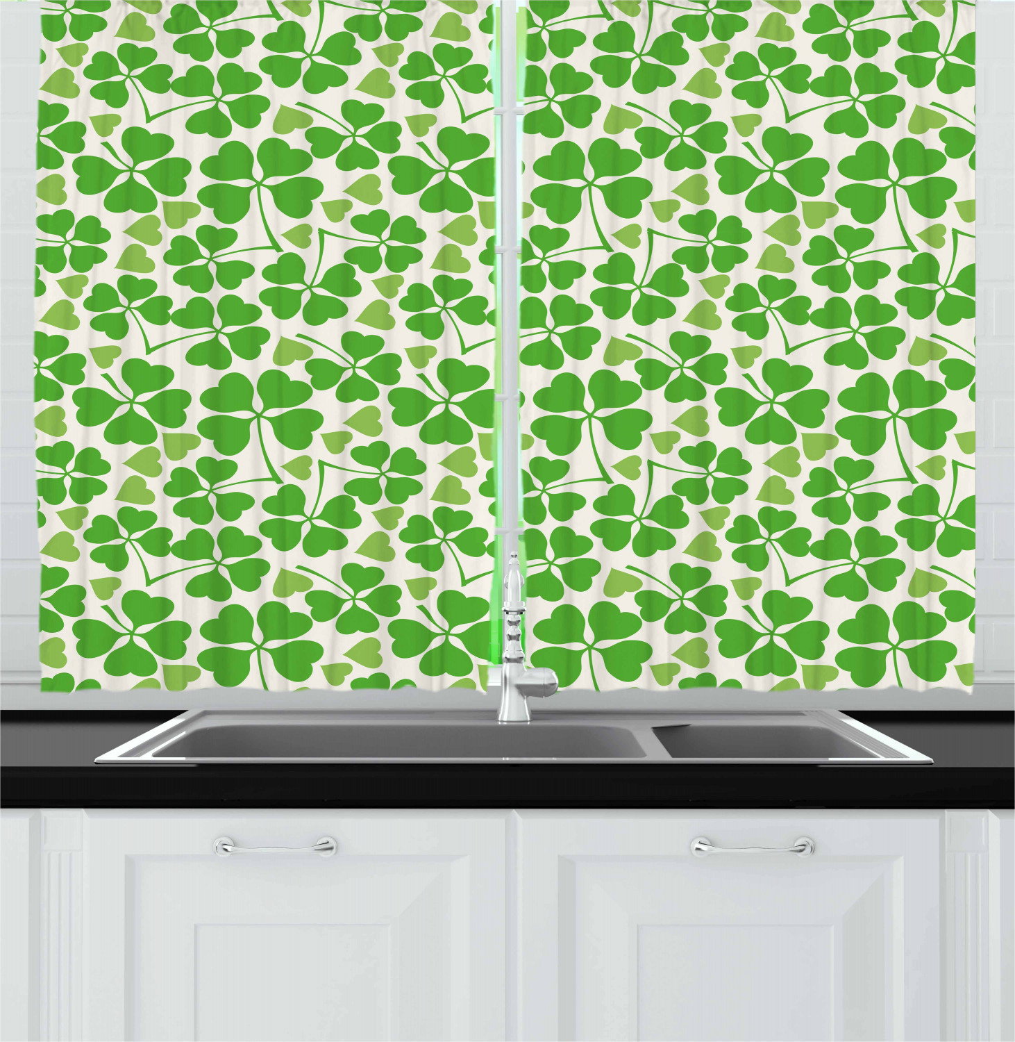 Irish Curtains 2 Panels Set, Gaelic Nature Garden Theme Spring Clovers
