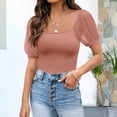 thumbnail image 2 of Women Fashion Solid U Neck Short Puff Sleeve Shirt Blouse Loose Tunic Top, 2 of 2