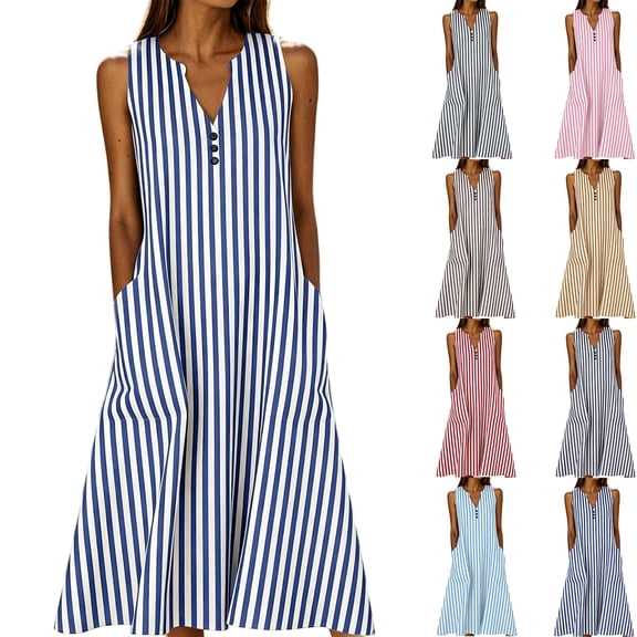 TAGOLD Womens Sleeveless V-Neck Dress Striped Print Dress With Pocket Loose Casual Style For Summer Outdoor