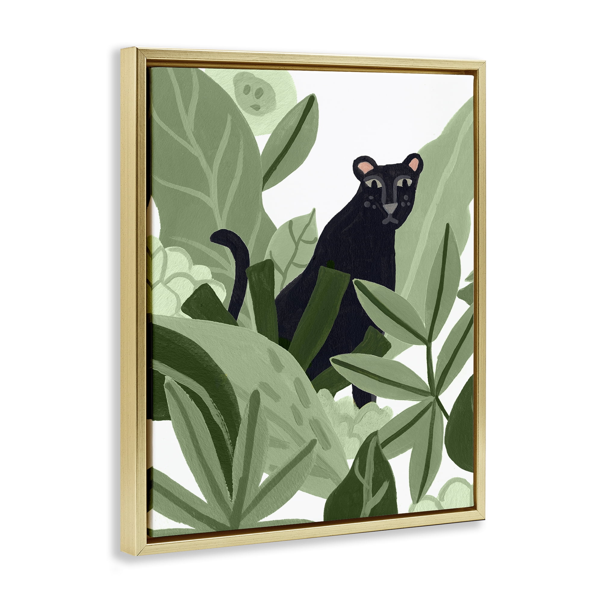 Stupell Industries Panther in Tropical Leaves Plants & Flowers Painting Gold Floater Framed Canvas Art Print Wall Art, 17 x 21