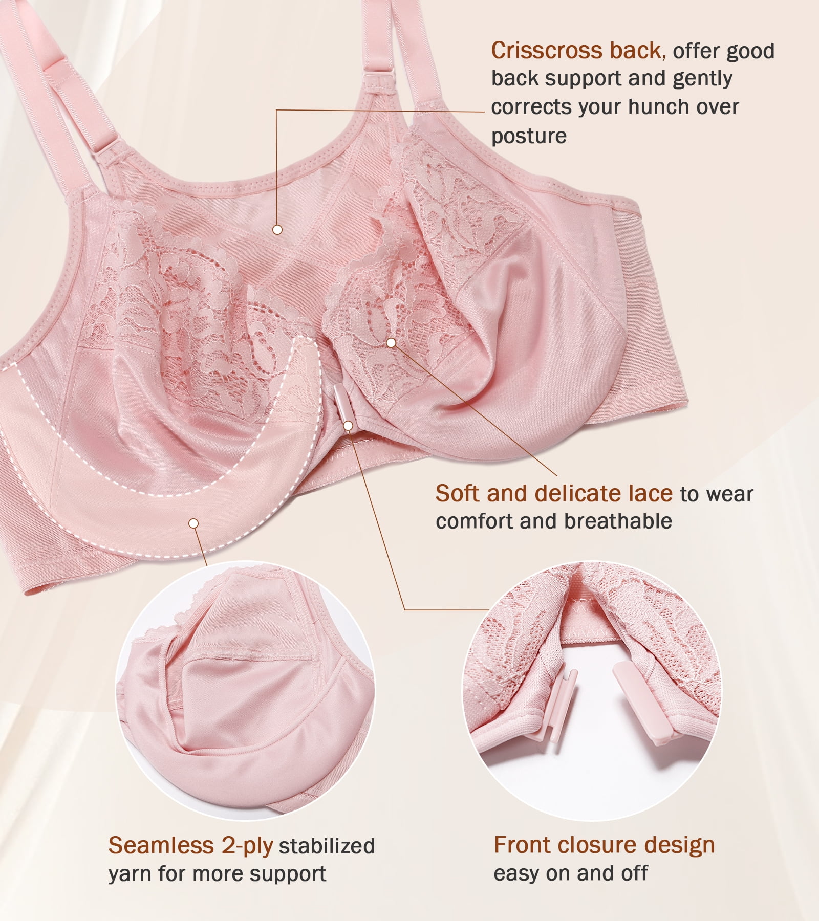 Exerin Women's Front Closure Non Padded Underwire Plus Size Posture Back Support Bra(34DDD,Pink)