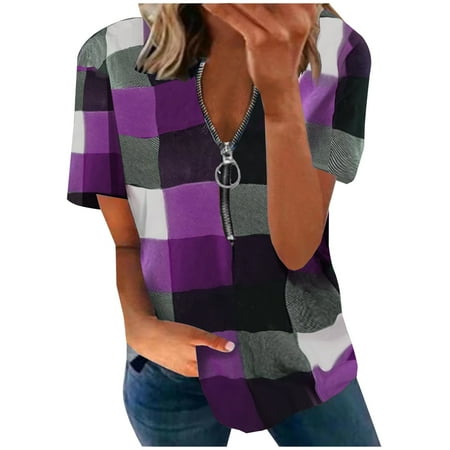 

Fashion Women s Summer V-Neck Short Sleeve Print Zipper Casual T-shirt Blouse Victorian Blouse Purple XL