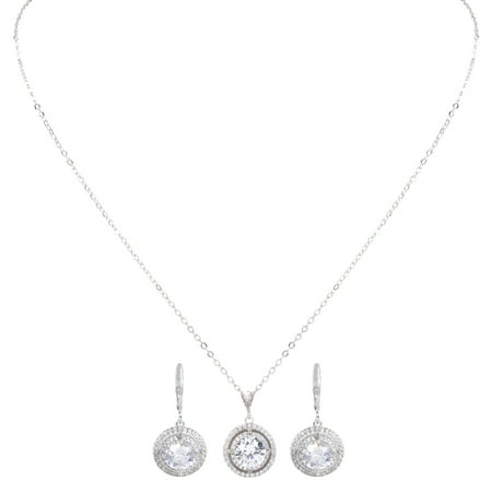 EZI CZ Cubic Zirconia Solitaire Brilliant Round Halo Pendant Necklace & Hoop Drop Earrings Women’s Costume Jewelry Set