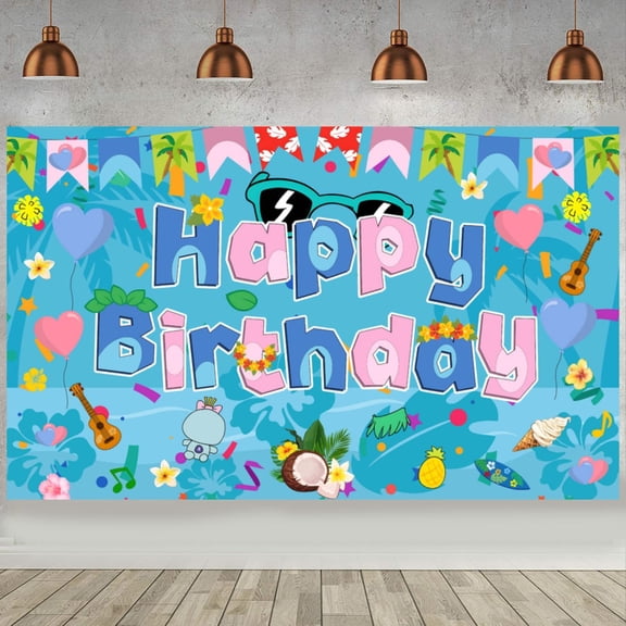 OdeJous Blue Birthday Party Backdrop, Tropical Luau Photography Banner for Fans Adults Party Supplies Happy Birthday Party Decorations(5.9x3.6ft)
