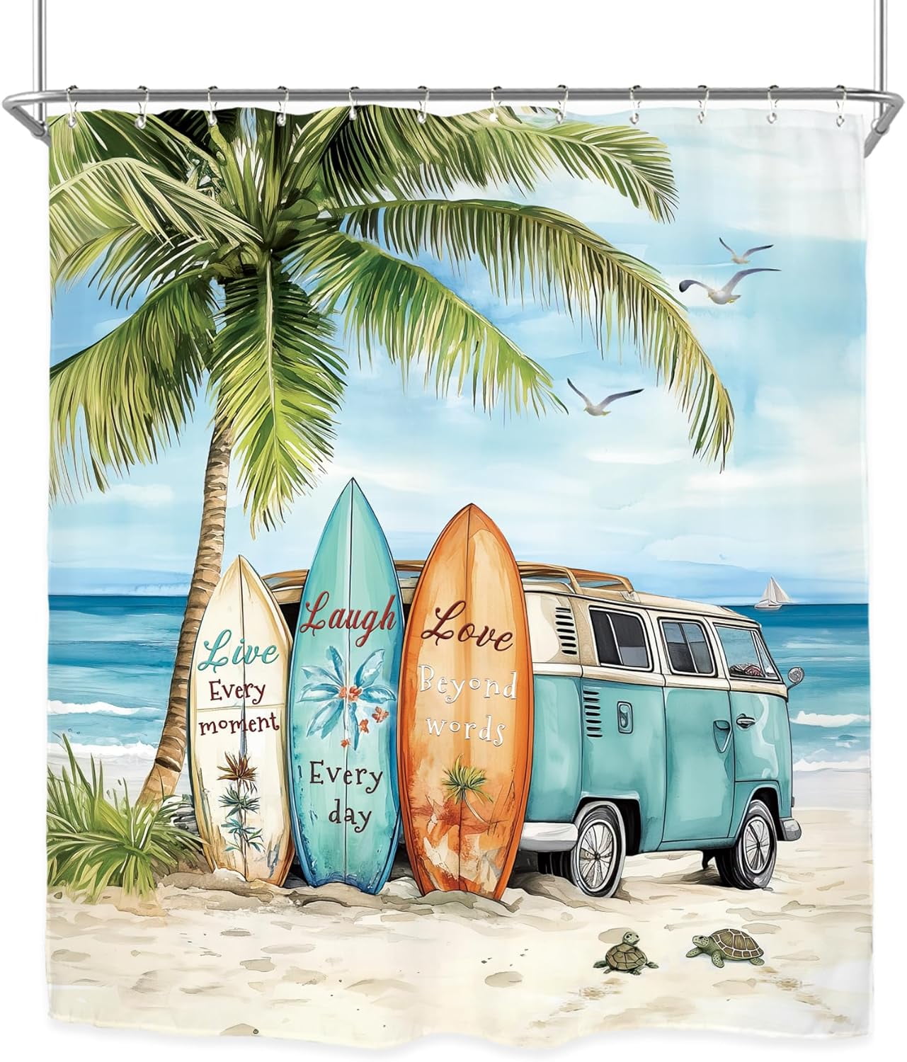 Coastal Beach Palm Surfboard Shower Curtain Set Ocean Summer Tropical Scenery Hawaii Camping Waterproof Bathroom Curtain with Hooks-60"W x 72"L (Pack of 1)
