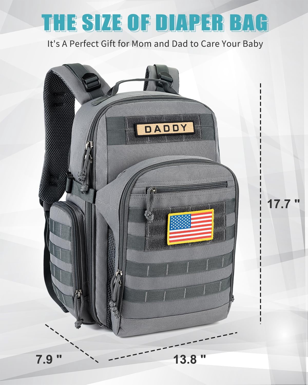 SHARKMOUTH Dad Diaper Bag Backpack - Military Baby Gear Backpacks with Daddy Patches Gray