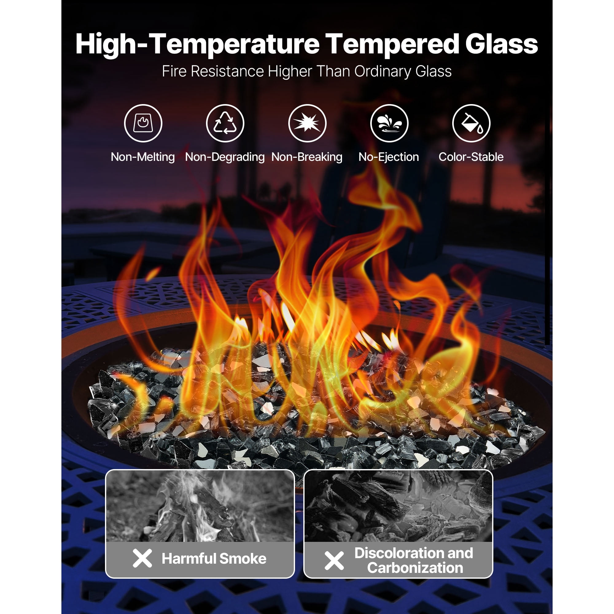 KFFKFF 10 LBS / 4.5 KG High-Temperature Resistant Fireplace Glass, 1/2-Inch Reflective & Smokeless Firepit Stones, Durable Landscaping Glass for Fire Pit Table, Black