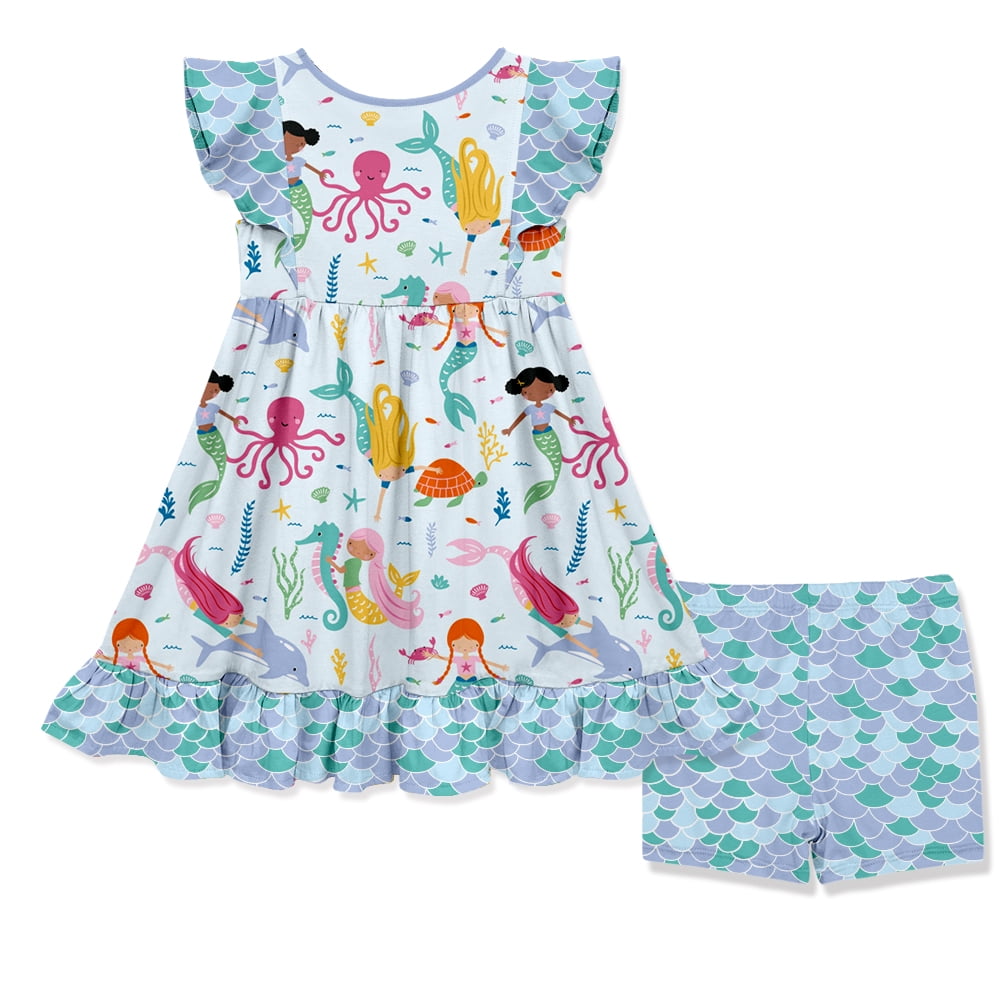 Millie Loves Lily Girls Blue Mermaid Print Dress and Shorts Set,(Size 3T-12)2PCS