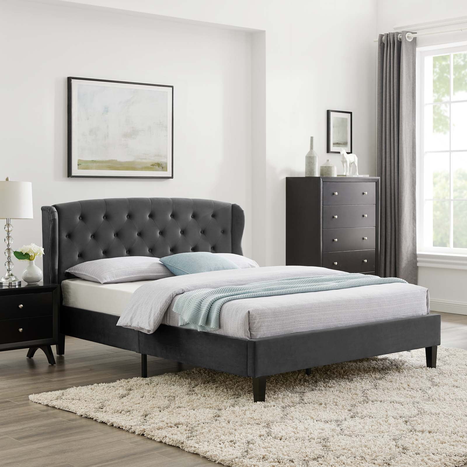 Modway Penelope Tufted Wingback Queen Performance Velvet Platform Bed