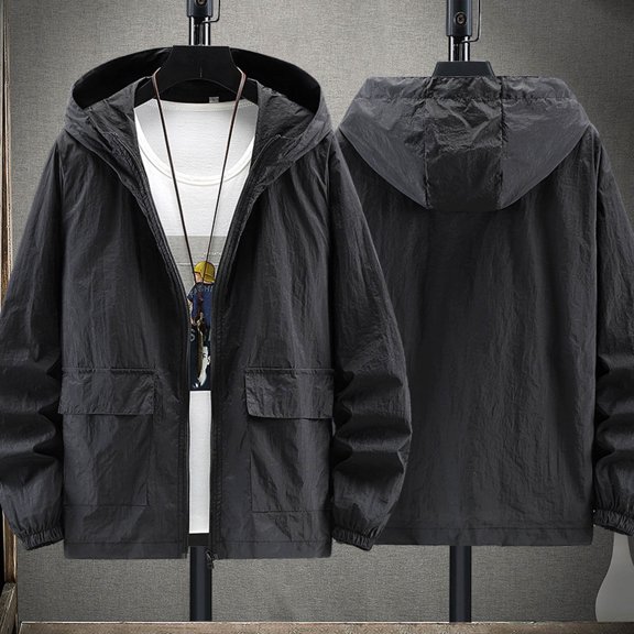 Men's Casual Hooded Windbreaker Lightweight Breathable Outdoor Zippered Jacket for Spring Summer Fall Daily Wear with Pure Color Long SleeveBlackXXXL