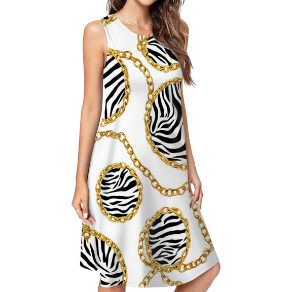 Zebra Print Gold Chain Casual Sleeveless Loose Sundress Dress For Women Summer Dress Daily Woman