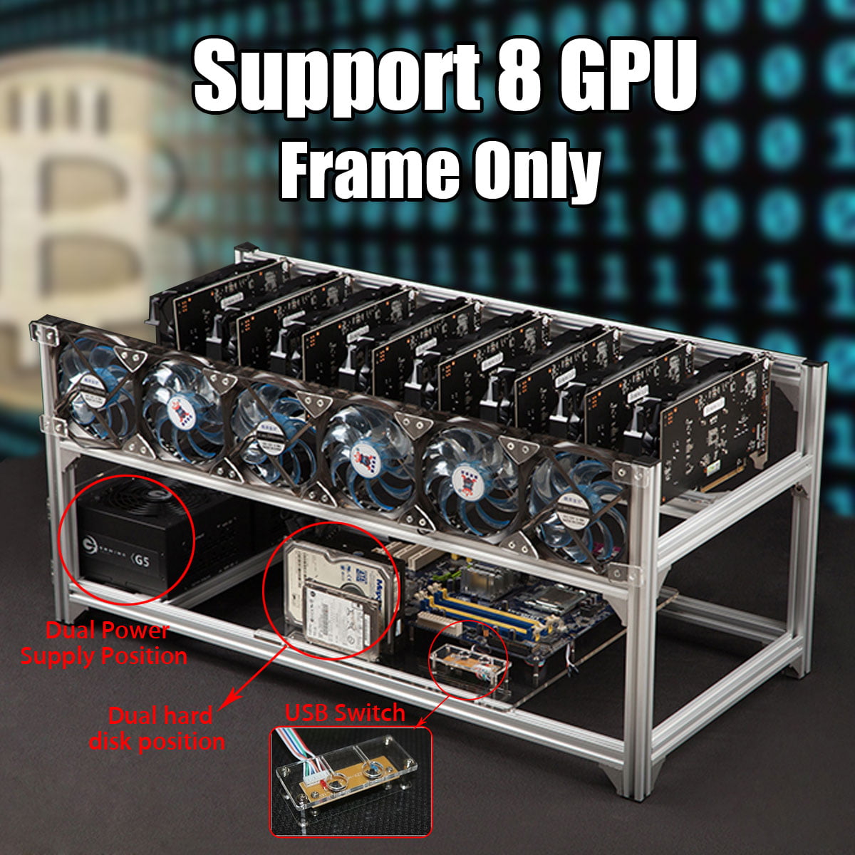 Crypto Coin Currency Aluminum Open Air Mining Rig Frame Case 6/7/8 GPU ETH BTC 