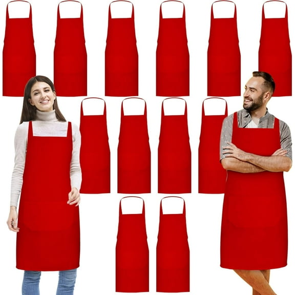 Jeffbaubl 12 Pack Bib Apron,Aprons Bulk,Unisex Plain Aprons with 2 Pockets,Blank Apron with Long Ties for Adults,23.6x27.6In