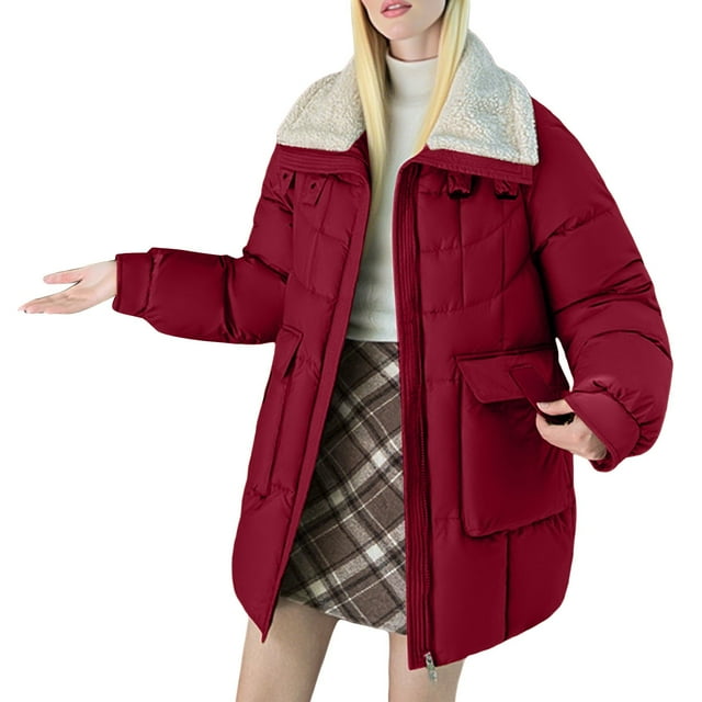 ManxiVoo Womens Medium Length Puffer Jacket Winter Thickened Cotton Blend Coat With High End Texture L Size Red