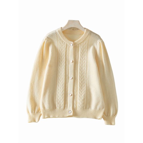 Women Crochet Cardigan Long Sleeve Fancy Openwork Knit Sweater Jumper Cream White M
