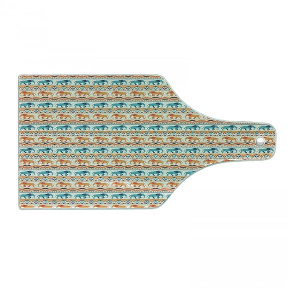 Ethnic Cutting Board, Colorful Native Composition with Geometric Borders and Elephants Design, Decorative Tempered Glass Cutting and Serving Board, in 3 Sizes, by Ambesonne