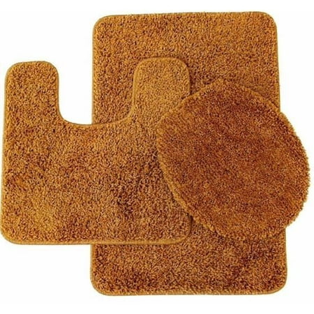 Bath Mats Large Size 3PC (#6) Rust Banded Bathroom Set, Solid Large Contour Mat, Lid Toilet Cover and Bath Mat with Rubber Backing ()