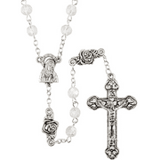 CHRISTIAN BRANDS Rosebud Our Father Imitation Crystal Beaded Rosary, Catholic Prayer Beads for Women, Religious Jewelry with Mary, Rose, and Crucifix Details, 6mm Glass Bead, 19.5 Inches