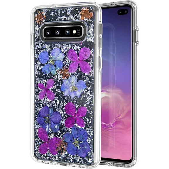 for Galaxy S10 Plus Real Flower Case Bling Glitter Sparkle Gold Foil Design Cover for Samsung Galaxy S10 Plus Clear Case Real Flower Shockproof Slim Case for Galaxy S10 Plus Purple