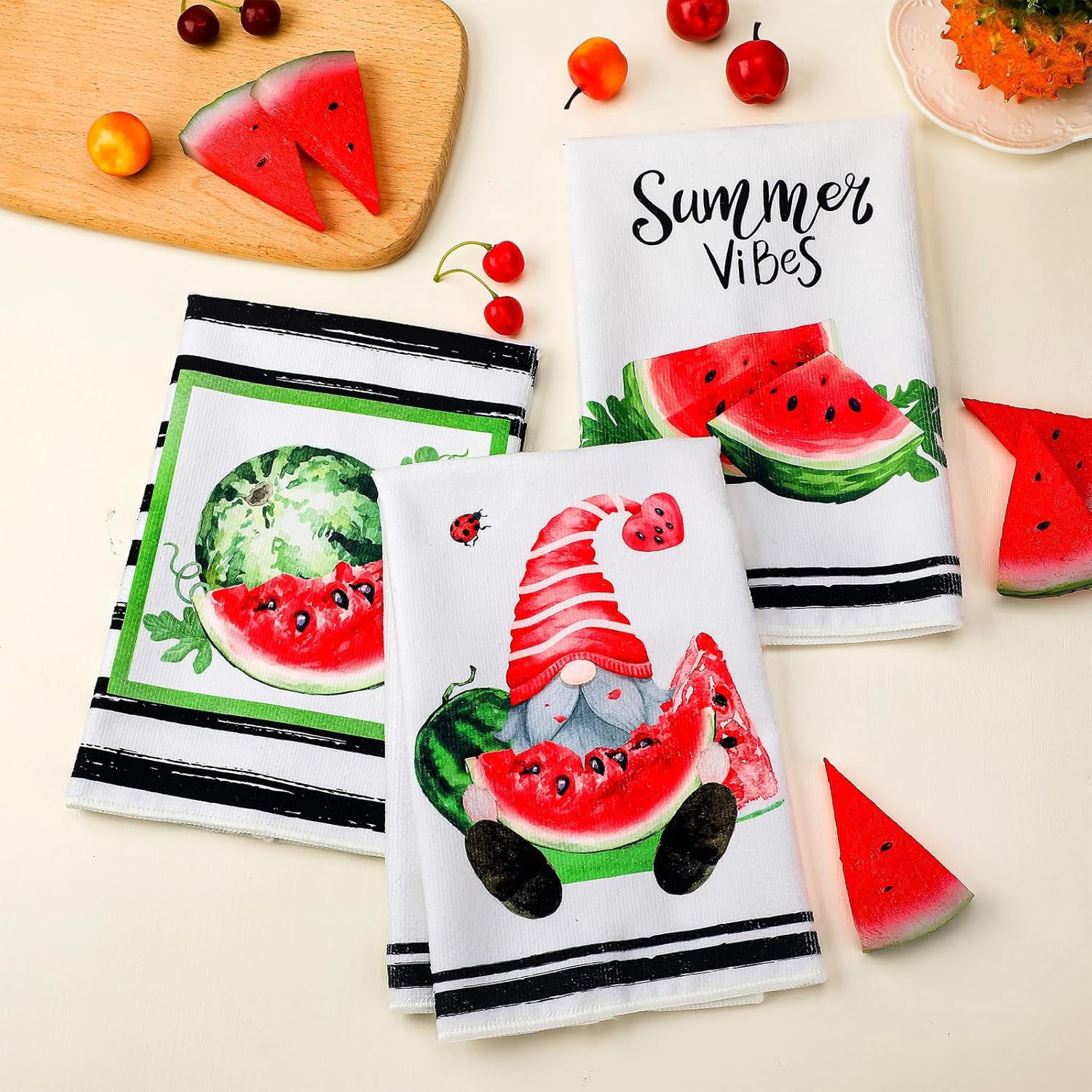 6 Pcs Summer Kitchen Towels 24 x 16 Inch Farmhouse Watermelon Hand Bath Dishtowels Absorbent Watermelon Tea Towel for Holiday Kitchen Bathroom Decor Gifts