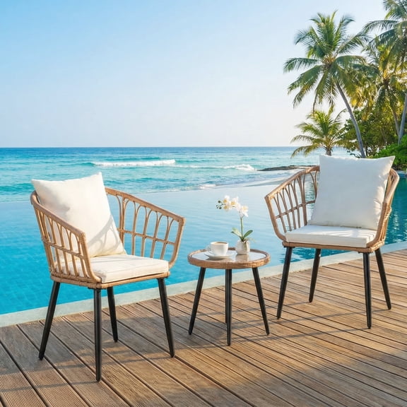 Simenmax 3 Piece Patio Wicker Furniture Set, Outdoor Rattan Chairs with Tempered Glass Coffee Table, Comfortable Washable Cushions for Balcony, Backyard, Poolside, Beige