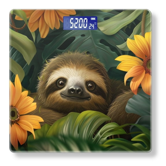 Bathroom Scale, Highly Accurate Digital Body Scale,Precisely Measures Weight up to 400 lbs-Cute Smiling Sloth In The Jungle Surrounded By Large Leaves And Orange Flowers