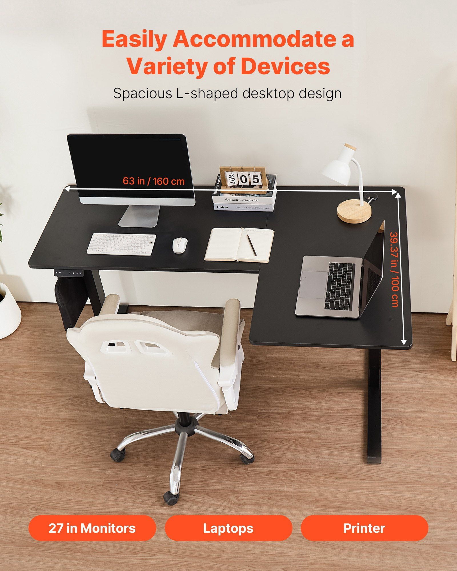 L-Shaped Electric Standing Desk Adjustable Height Corner Gaming Desk 63x39.37 Inch with Dual Motors, Memory Preset, Hooks, Cable Management, Spacious Workstation for Home Office