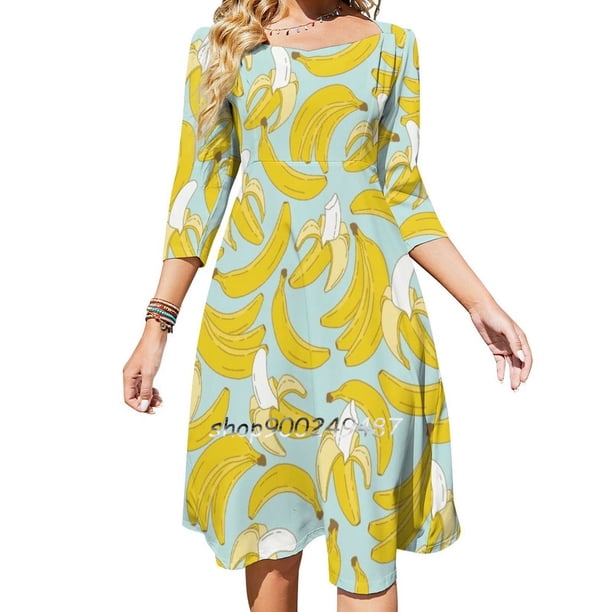 Vestido acampanado con estampado de plátano sobre fondo turquesa, vestido de cuello cuadrado, elegante vestido estampado de moda femenina, bonito estampado de plátano