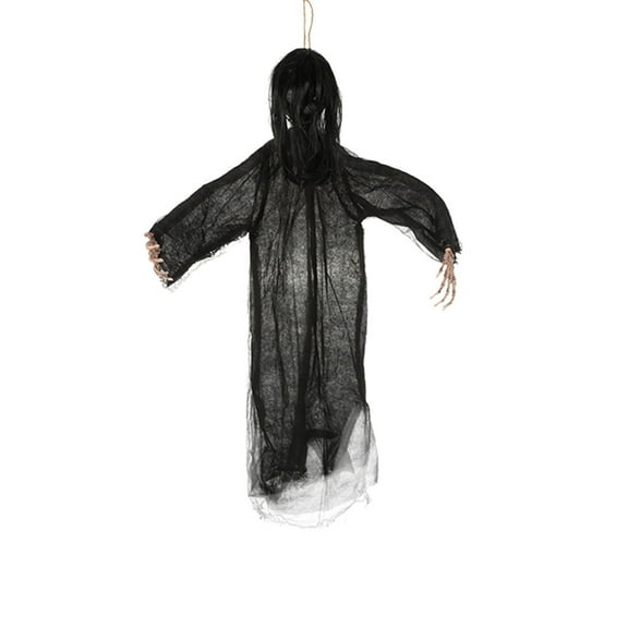 Halloween Animated Women Ghost with Posable Arm,Voice Activated Ghosts Props,Scary Ghost with Creepy Sounds,Light Up Eyes,Swing Legs for Haunted House,Porch Lawn,Animatronics Hanging Decor