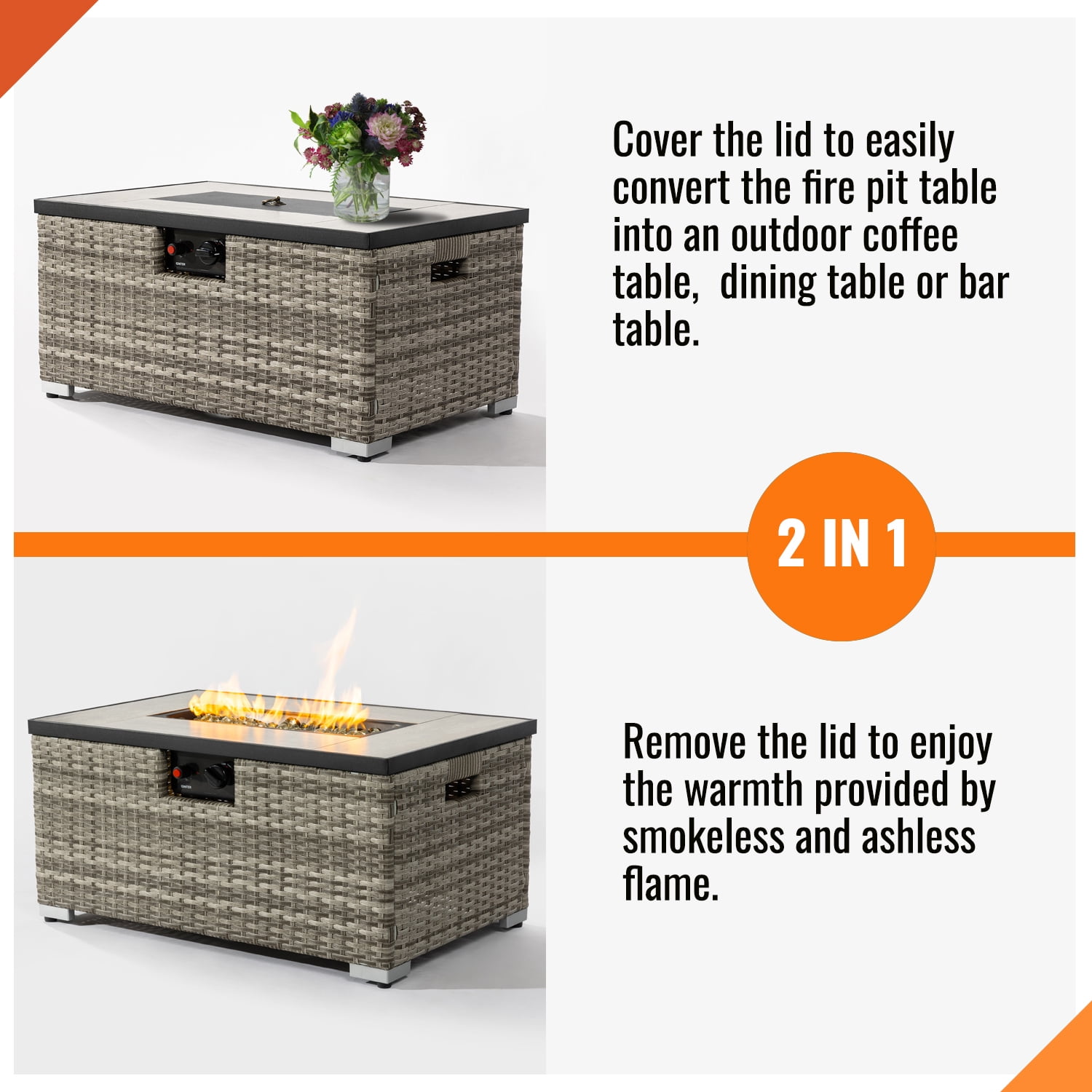 AJ Enjoy 32'' Propane Fire Pit Table, Marble Textured Ceramic Tabletop, 50,000 BTU Fire Table with Gray Wicker, Mix Color Glass Rocks, Including Lid&Cover