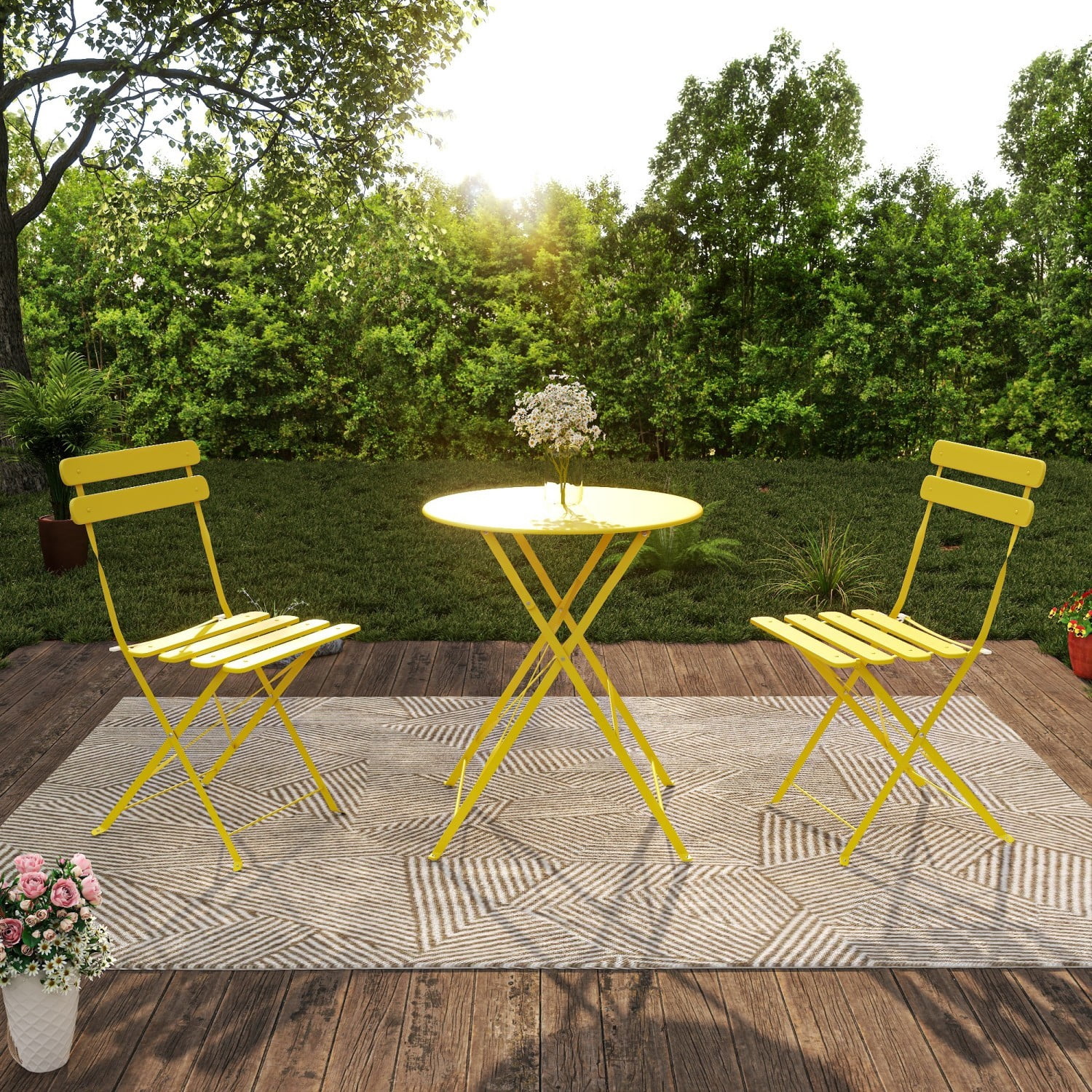Bistro Table and Chairs Set for 2, 3 Piece Outdoor Patio Bistro Set with Folding Table and 2 Cushioned Chairs, Rust-Resistant Frame, Yellow