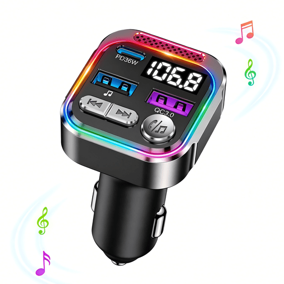Bluetooth 5.3 FM Transmitter Car Adapter, Wireless Adapter Car Kit, 48 W (PD 36 W & 12 W) 3.0 Fast USB Charger, Hands Free Calling, Bass Lossless Hi-Fi Sound Support U Disk