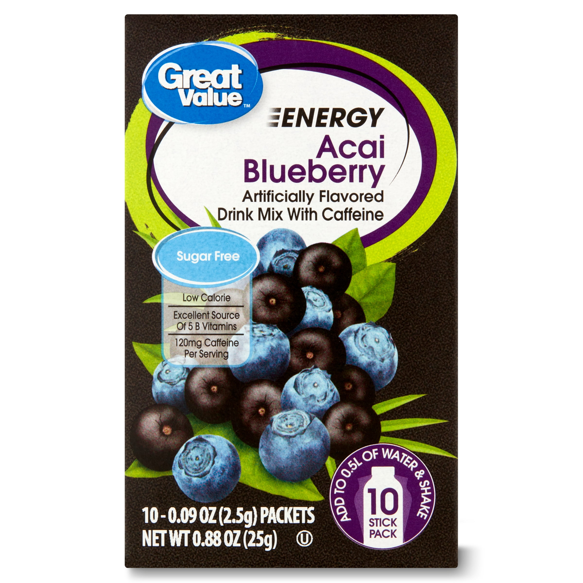 Great Value Sugar-Free Energy Acai Blueberry Drink Mix, 0.88 oz, 10 Count