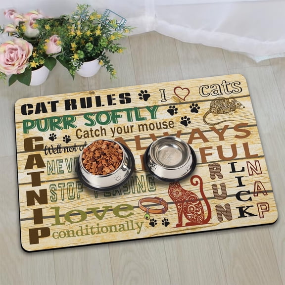 Dog Food Mats for Floors, Absorbent and Quick-Drying Pet Cat Food Mat,Anti-Fouling and Easy-to-Clean Pet Feeding Mat,Dog Bowl Mat for Messy Drinking Water Bowls.17 x27,Cat Rules