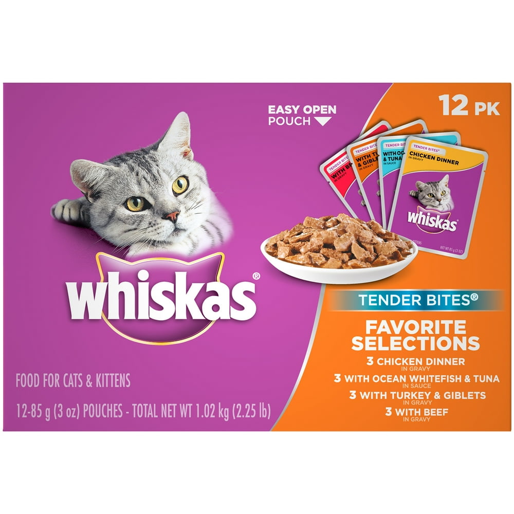 (12 Pack) WHISKAS TENDER BITES Favorite Selections Variety Pack Wet Cat Food, 3 oz. Pouches