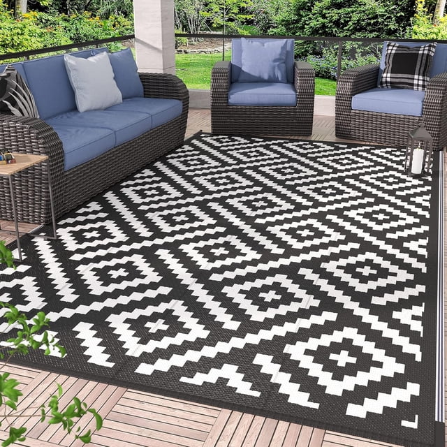 Outdoor Rug x Reversible Mats Outdoor Area Rug Plastic Straw Rug Geometric Rv Mat for Patio Camping Rv Picnic Backyard Deck Balcony Porch Beach Trailer ( & Grey)
