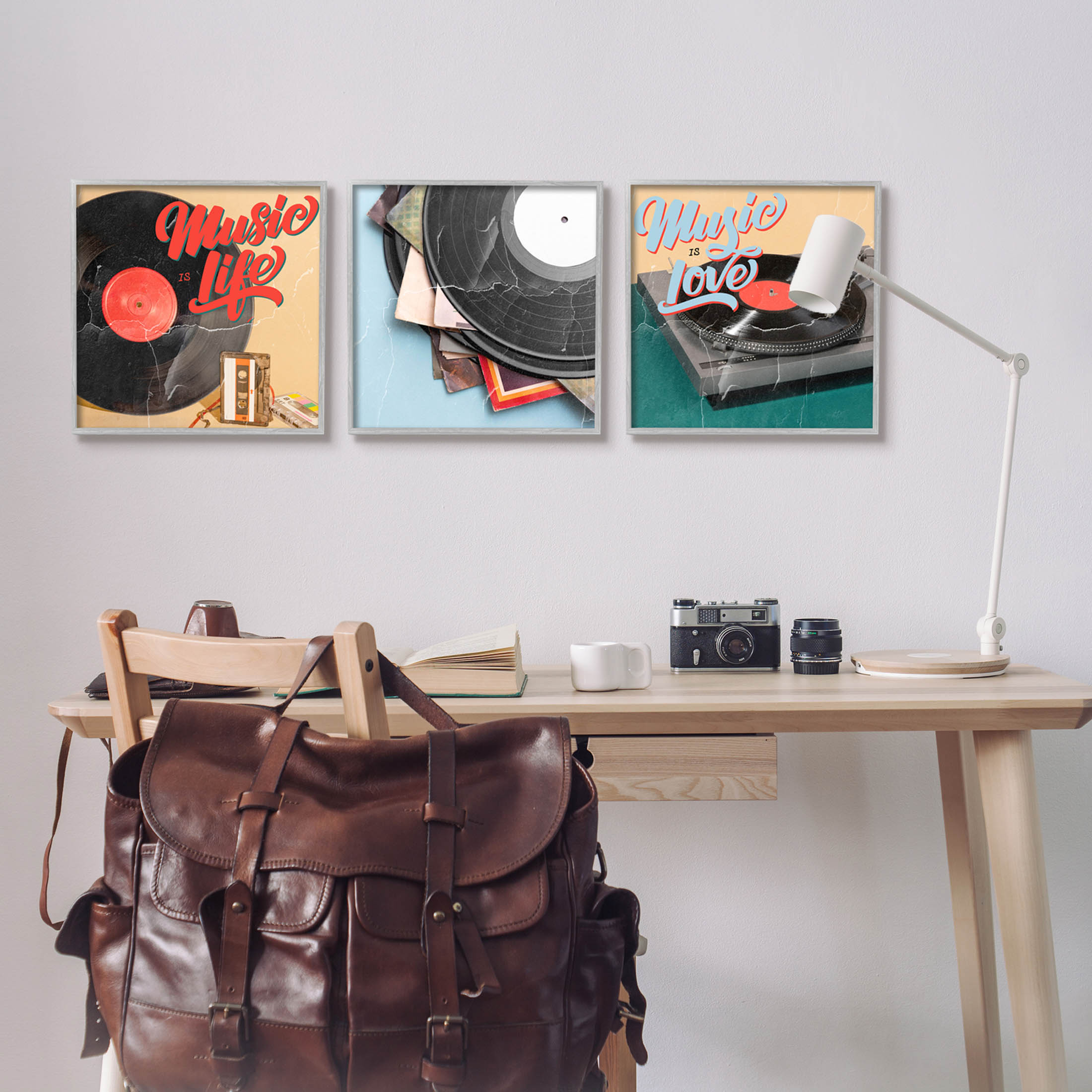 Music Is Love Life Vintage Turntable Inspirational Graphic Art Gray Framed Art Print Wall Art, Set of 3