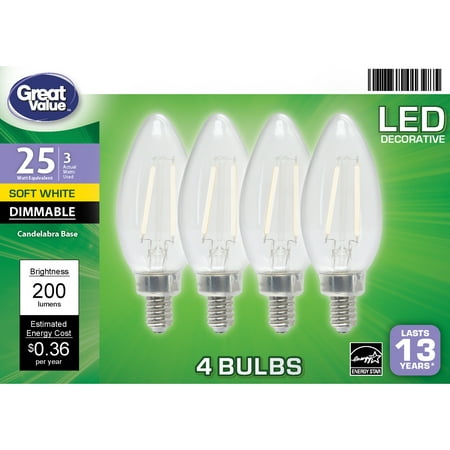 Great Value LED Light Bulb, 3W (25W Equivalent) B10 Deco Lamp E12 Candelabra Base, Dimmable, Soft White, 4-Pack