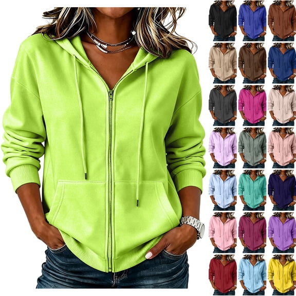 WULMLEO Zip Up Hoodie for Women Oversized Zip Up Y2K Hoodies Casual Long Sleeve Sweatshirts Fall Spring Track Jackets 2026 Fluorescent Green Polyester