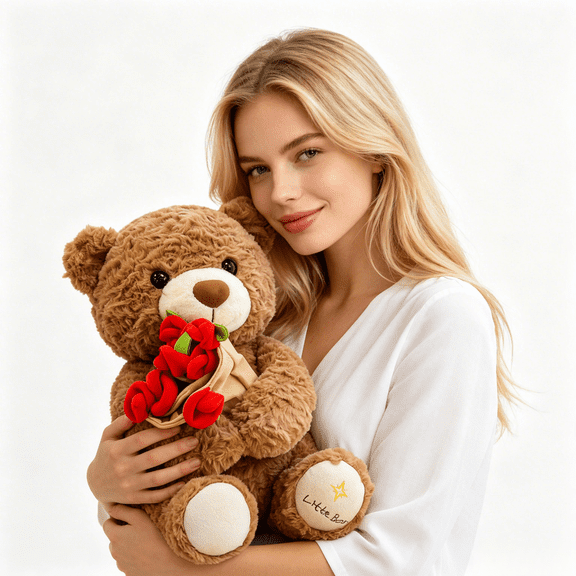 Hengshan Teddy Bear Plush with Rose Bouquet, Cute Curly Stuffed Bear Toy, Soft Flower Holding Bear Plushie, Romantic Valentines Birthday Anniversary Gift for Her Girls