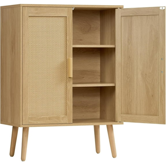Storage Cabinet with 2 Shelves, Rattan Cabinet, Sideboard Buffet Cabinets with Storage for Living Room, Kitchen, Entryway, Natural