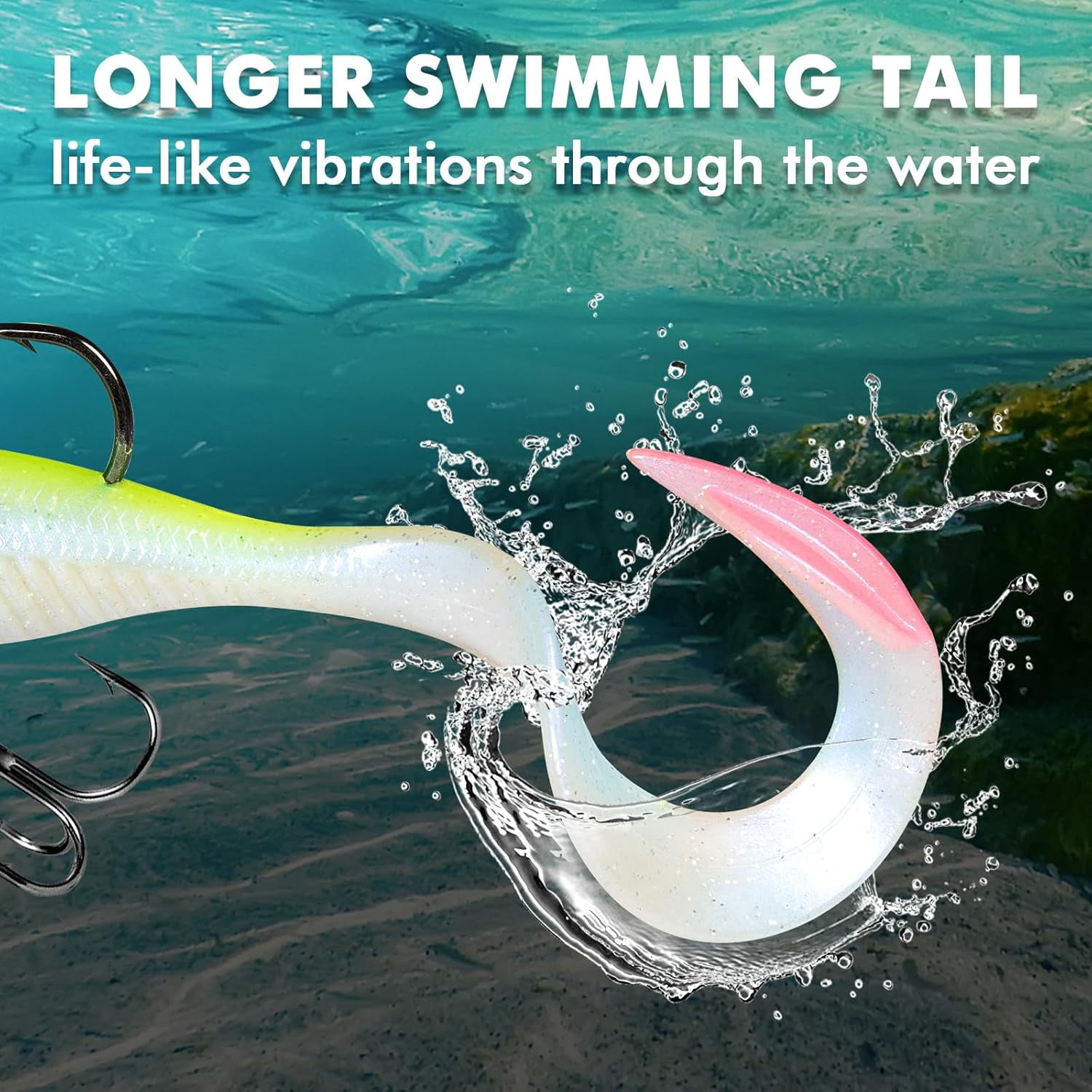 TRUSCEND Duramax Soft Fishing Lures with BKK Hooks, Easy Catch Curly & T-Tail for Trembly Sinking & Vibrating Swim, UV or Glow Effect for All Conditions, Pre-rigged Swimbait for Bass Trout Crappie