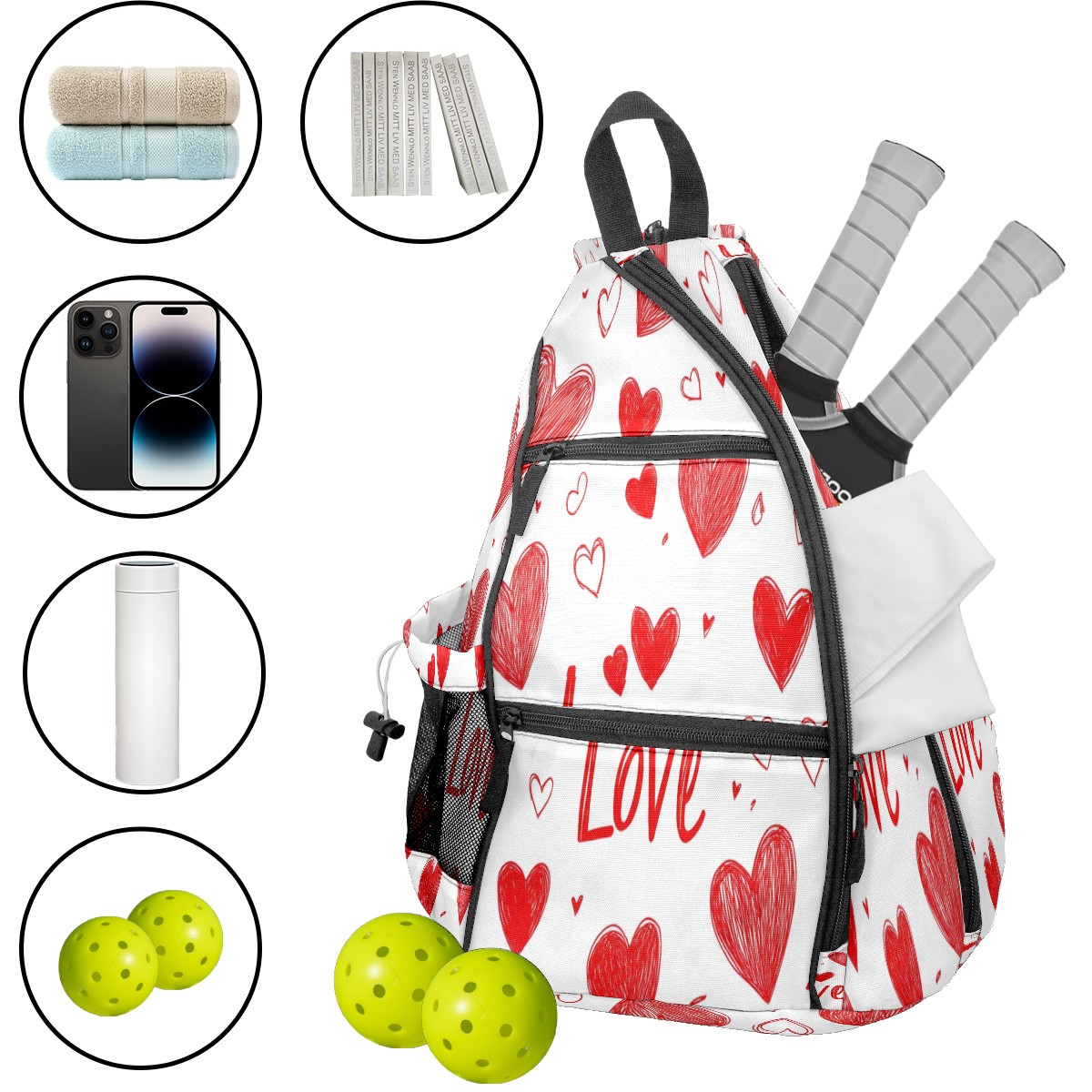 Pickleball Bags for Men Women Pickleball Backpack with Large Capacity Lightweight Adjustable Pickleball Sling Bag Hold Paddles, Balls, Accessories Red Love Heart Pattern