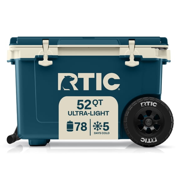 Open Box RTIC 52 QT Wheeled Hard-Sided Ice Chest Cooler, Ultra-Light, Fits 76 Cans, Marine/Canvas